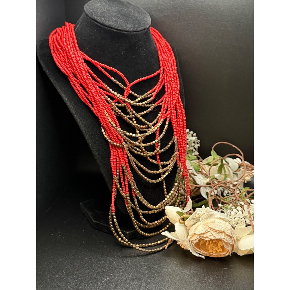 Boho Layered Red Seed Bead Statement Necklace Ethnic Tribal Bib Festival
